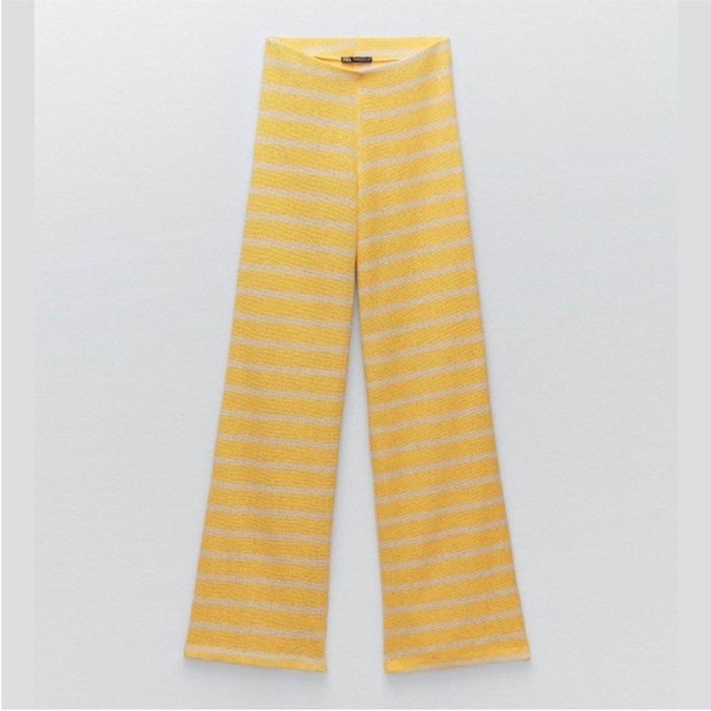 Zara Open Knit Striped Pants Yellow White Straight Leg Size Small